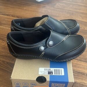 Clarks Black Leather Loafers with Stitch Detail